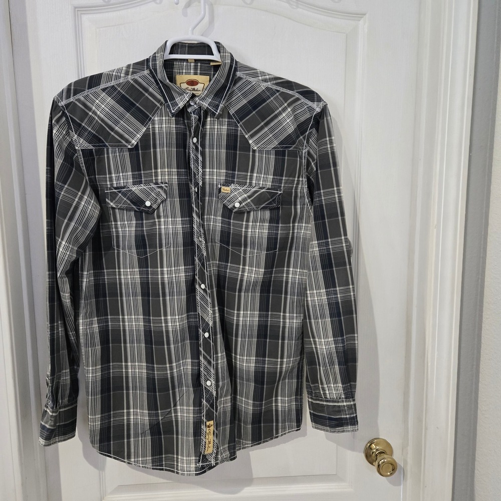 Larry Mahan Western Shirt Mens L Grey Plaid Pearl Snap Cowboy Long Sleeve Rodeo